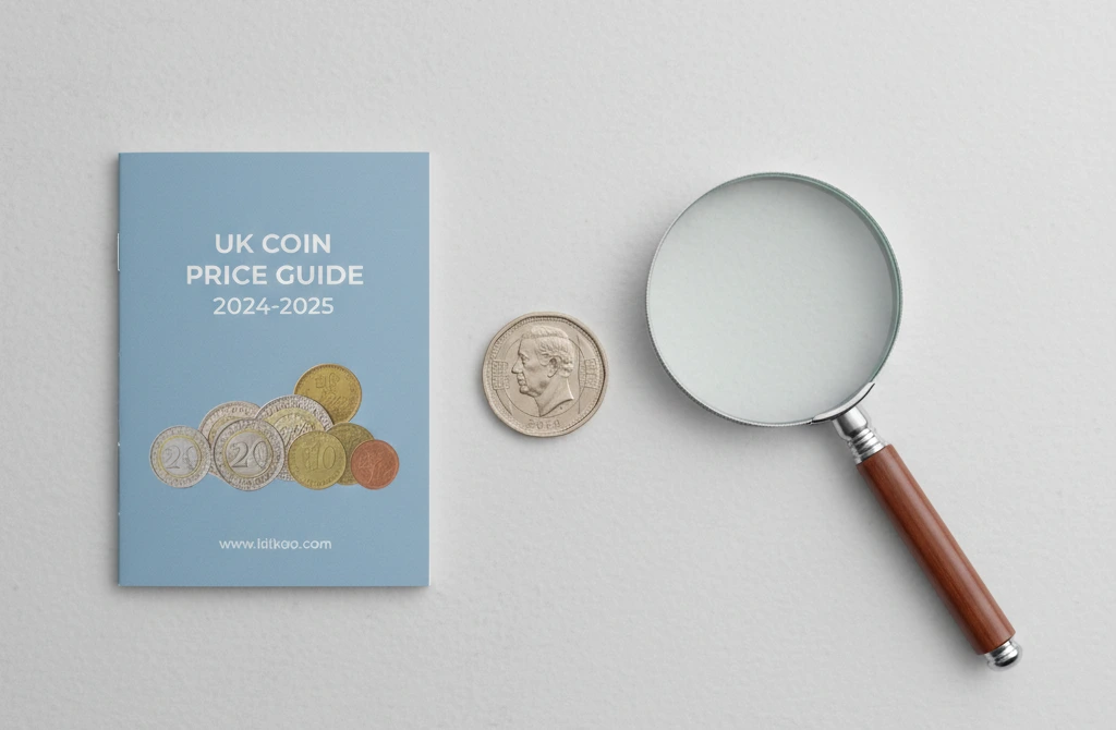 Flat lay of King Charles 50p coin with price guide and magnifier