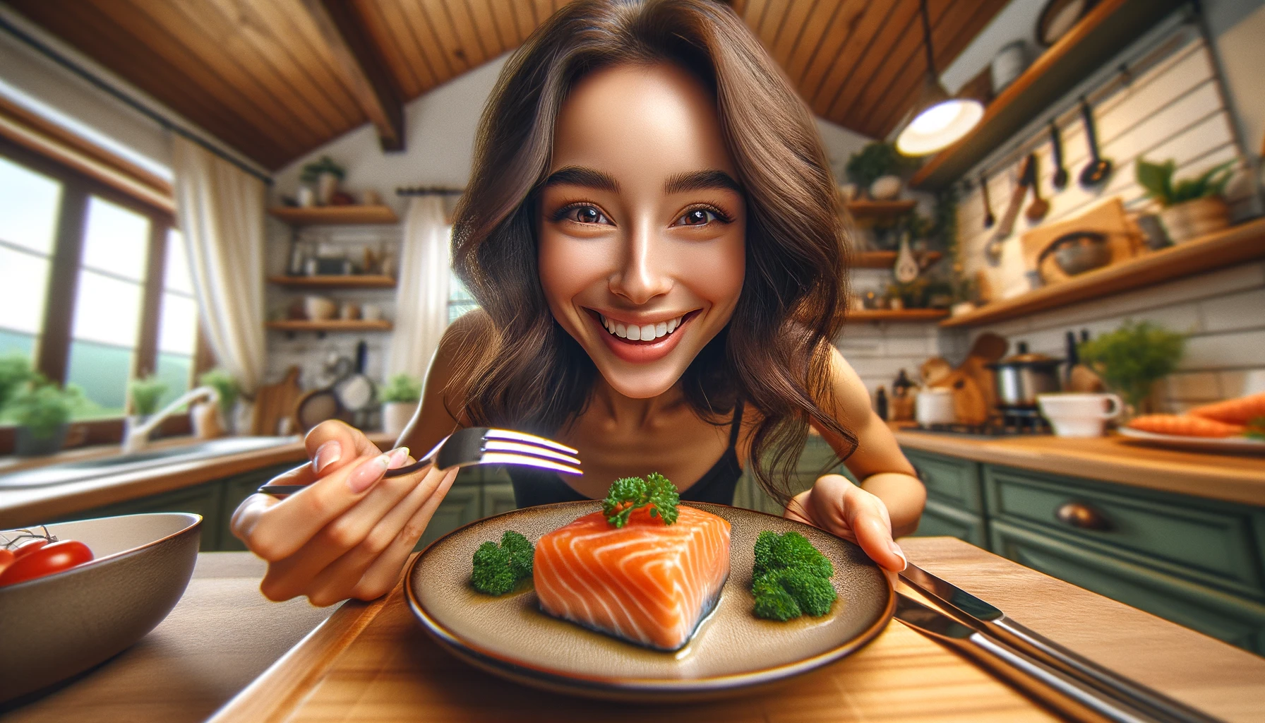 a joyful cute young woman enjoying her favorite salmon dish in front of the camera in the kitchen, in a realistic style