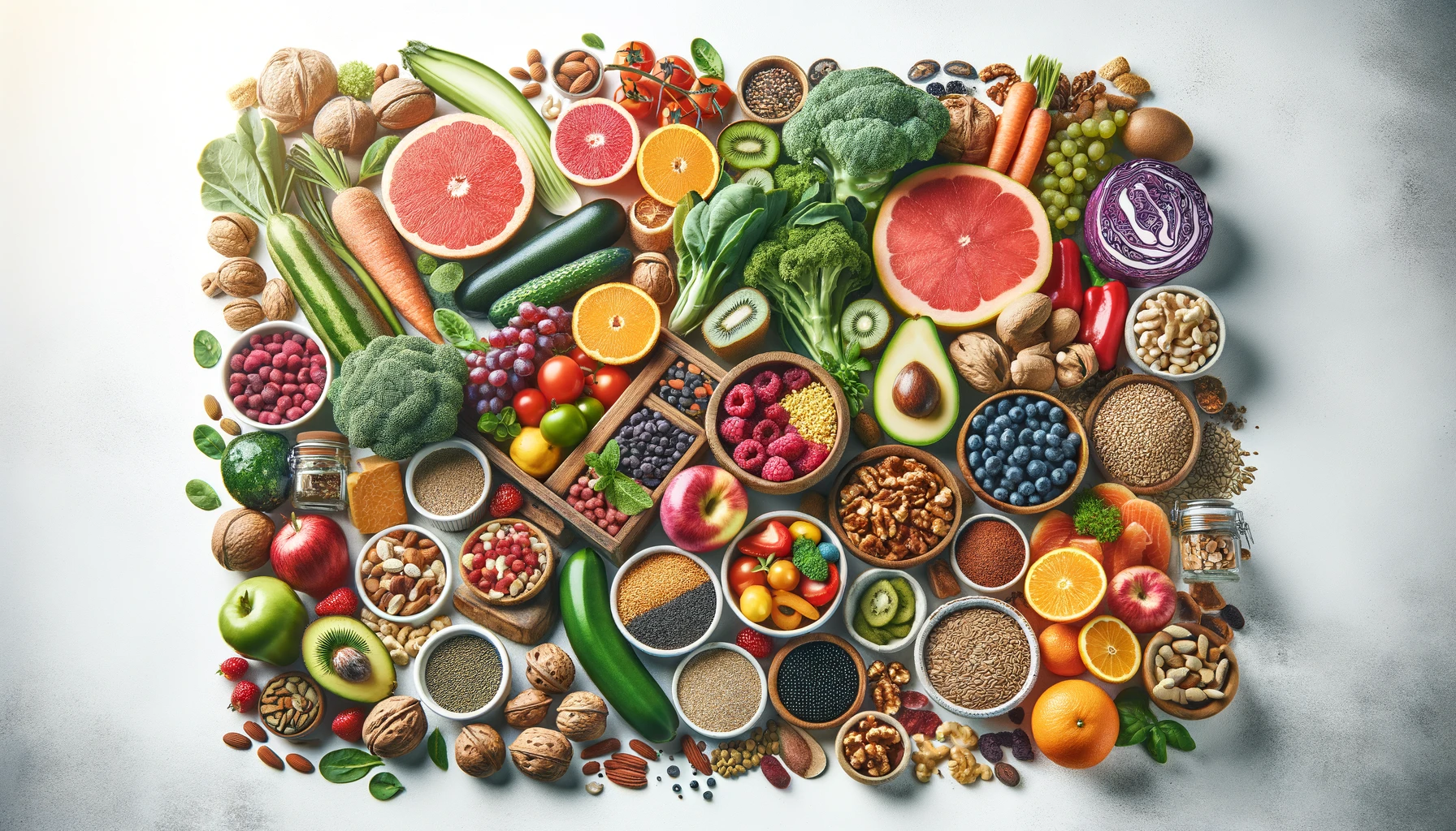 :healthy food selection on a white background, representing a detox and clean diet concept