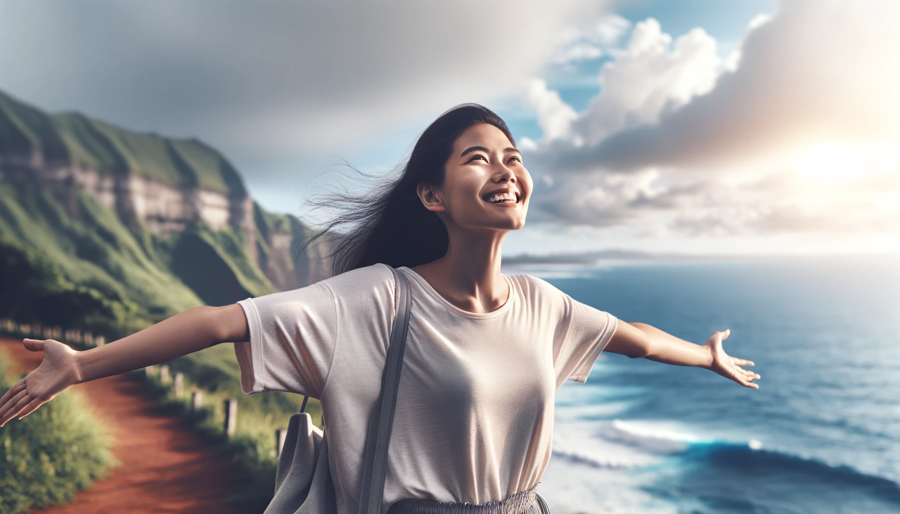 a happy woman experiencing outdoor freedom, with her arms outstretched, feeling the ocean wind and breathing in fresh air, embodying a sense of purpose, happiness, motivation, and wellness