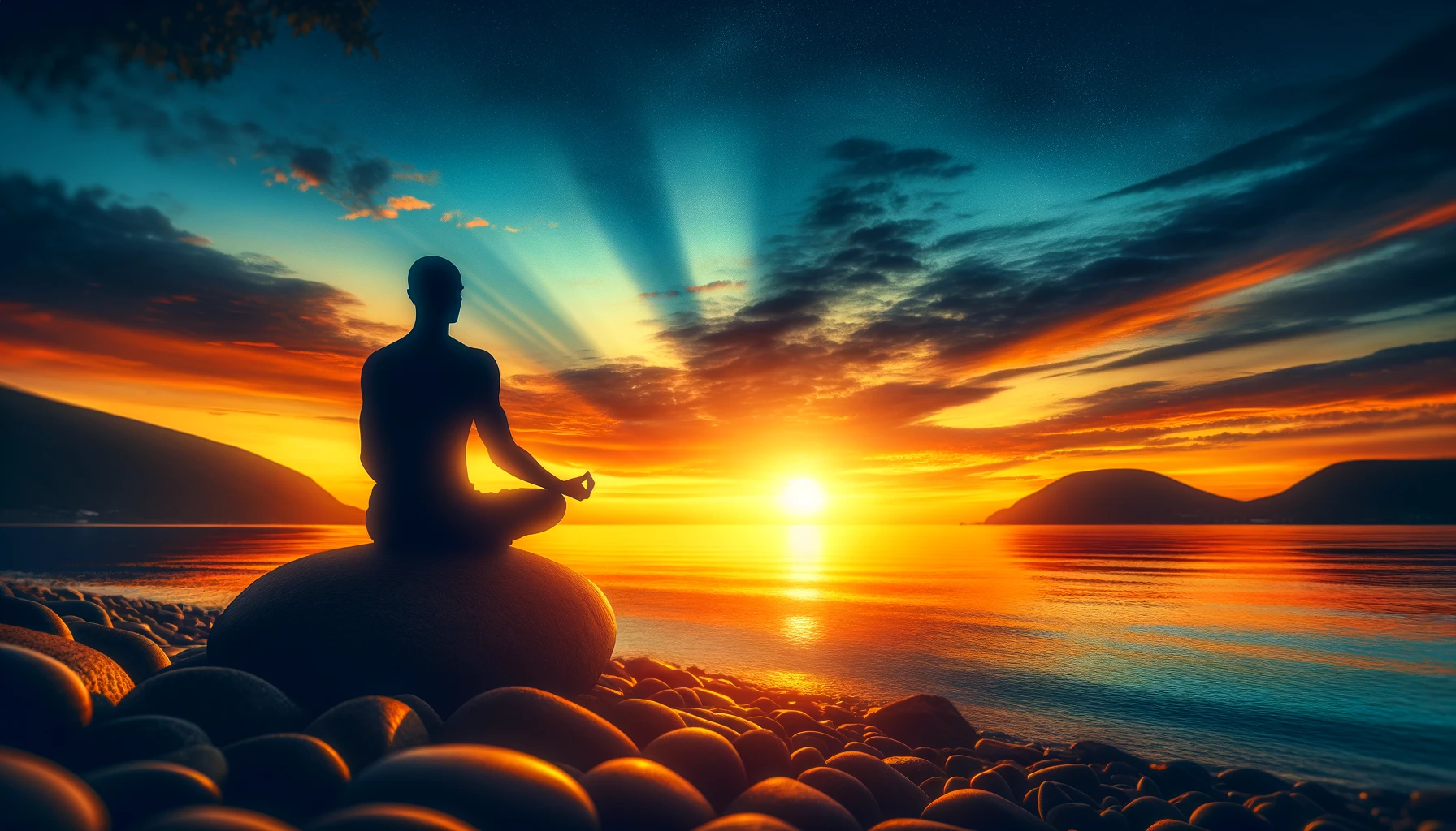 a silhouette of a person sitting in meditation on a rock on the coast at sunset
