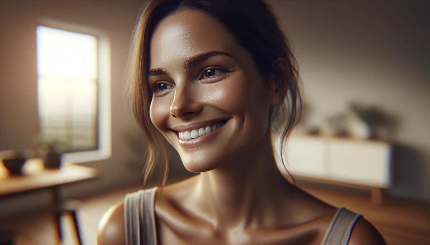  a serene woman smiling in a moment of genuine happiness and tranquility