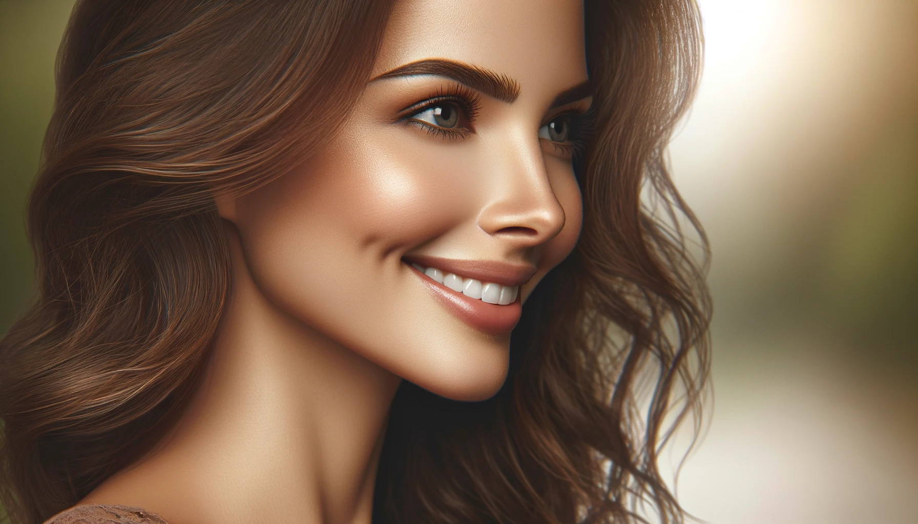 a smiling woman shown in profile, highlighting her beautifully sculpted nose. The woman has medium-length wavy brunette hair and a radiant smile. 