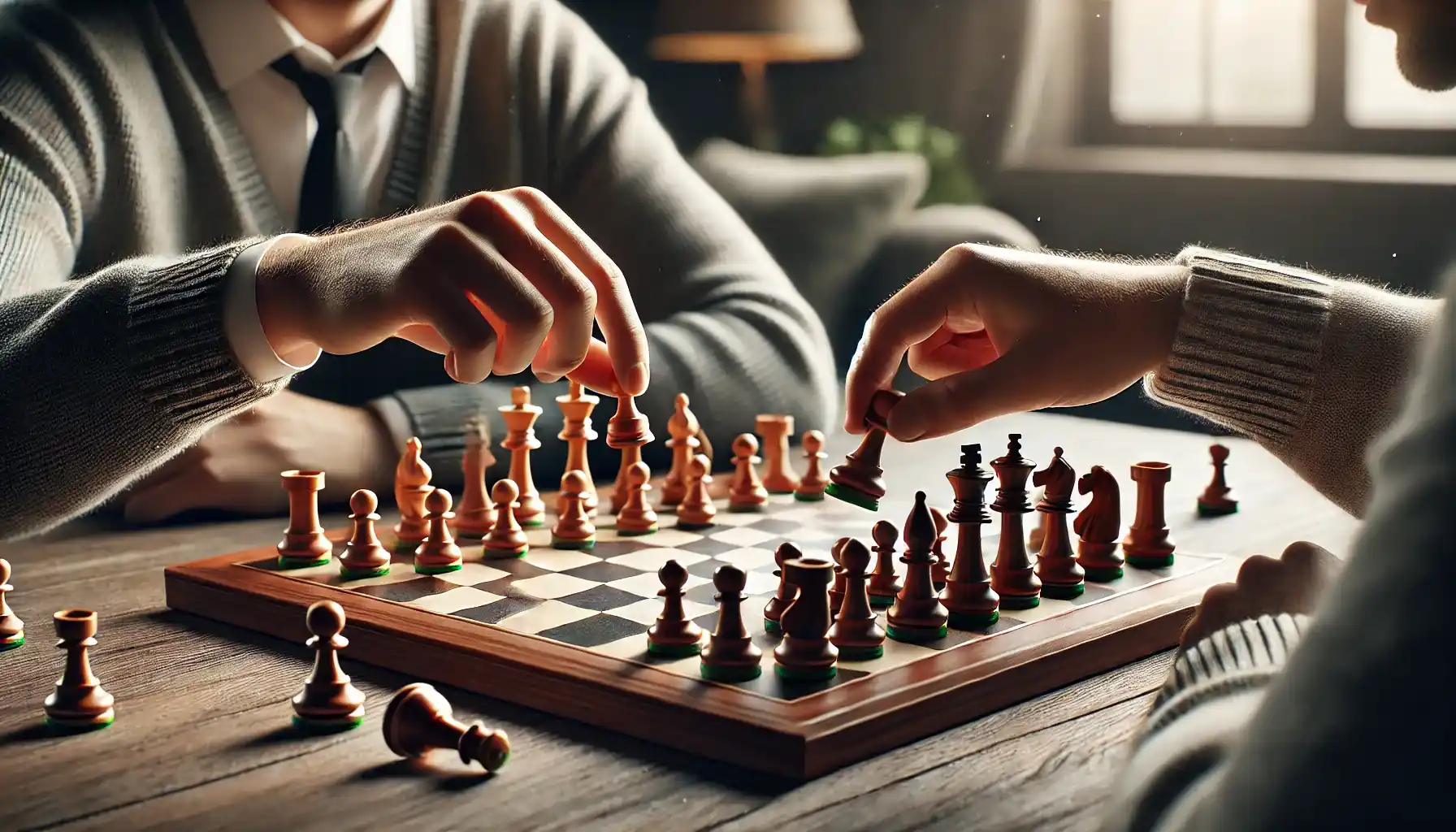 Two men playing chess in the middle of the game.
