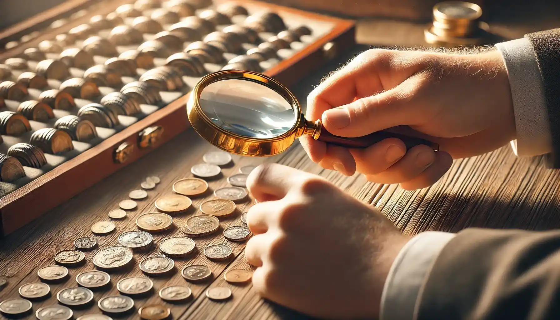 A collector's hands holding a magnifying glass, examining a coin with precision.