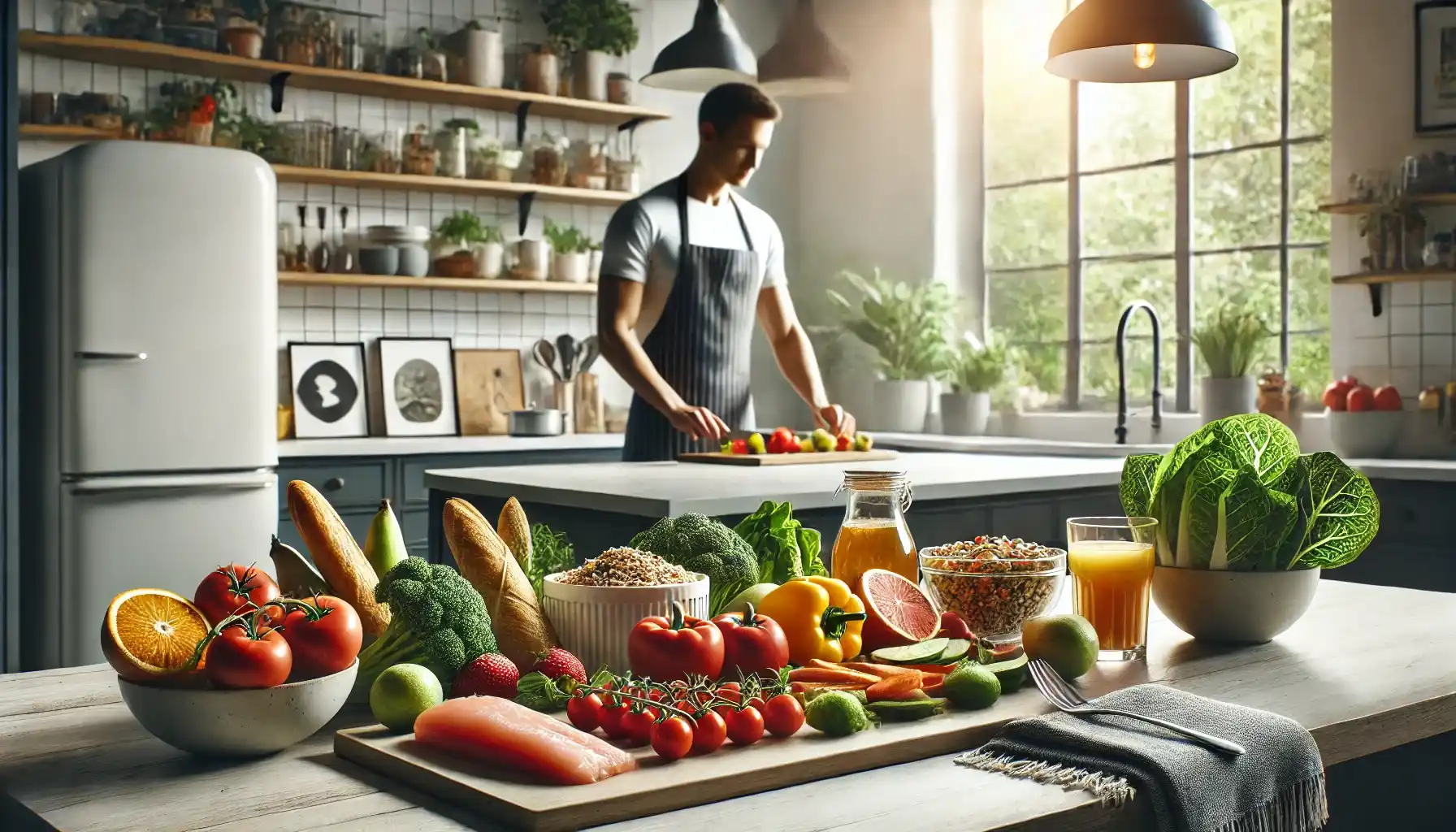 a person preparing a colorful and balanced meal in a modern, well-lit kitchen. The meal includes vibrant fruits, vegetables, whole grains, and lean proteins, symbolizing healthy living. The scene emphasizes simplicity and wellness with a clean and organized kitchen setting.
