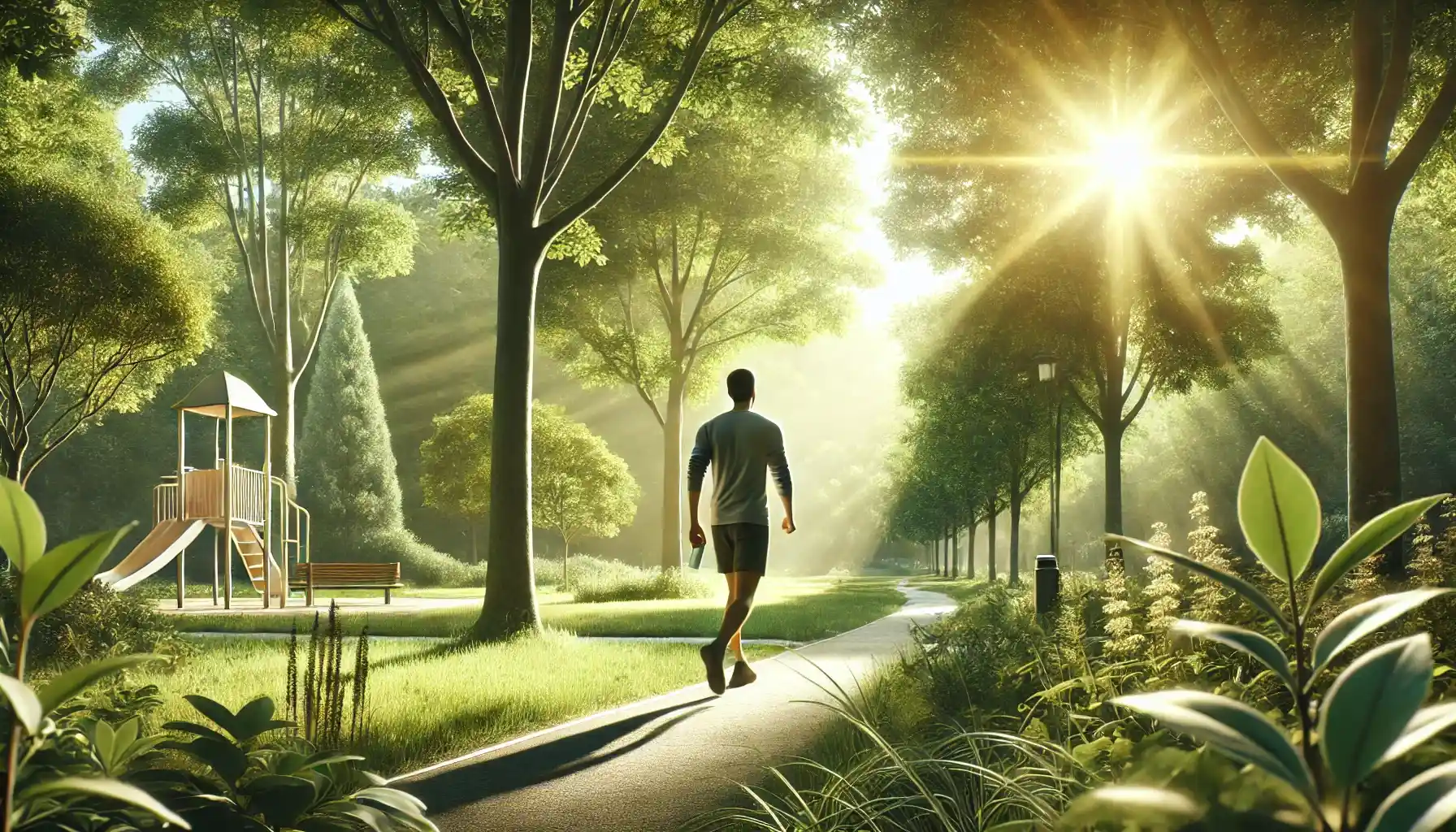 an individual walking in a serene park during a sunny day, surrounded by trees and greenery.