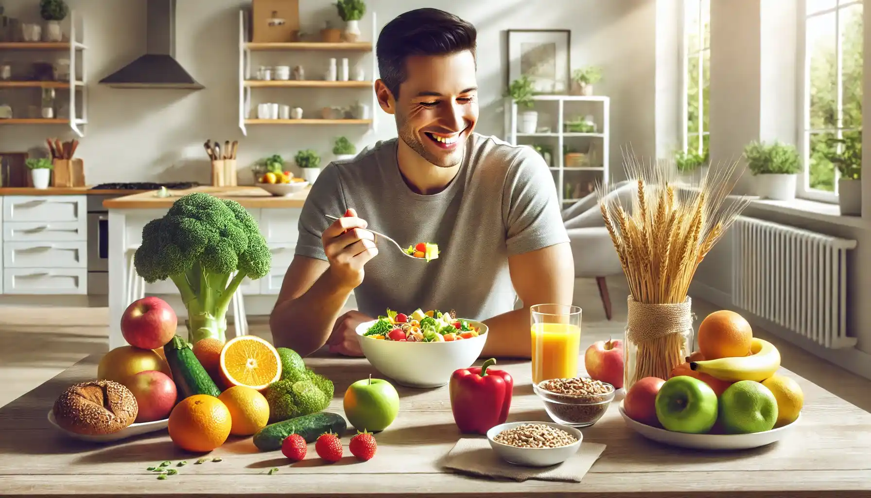 a person enjoying a nutritious meal in a brightly lit kitchen, featuring colorful fruits, vegetables, and whole grains on a modern table
