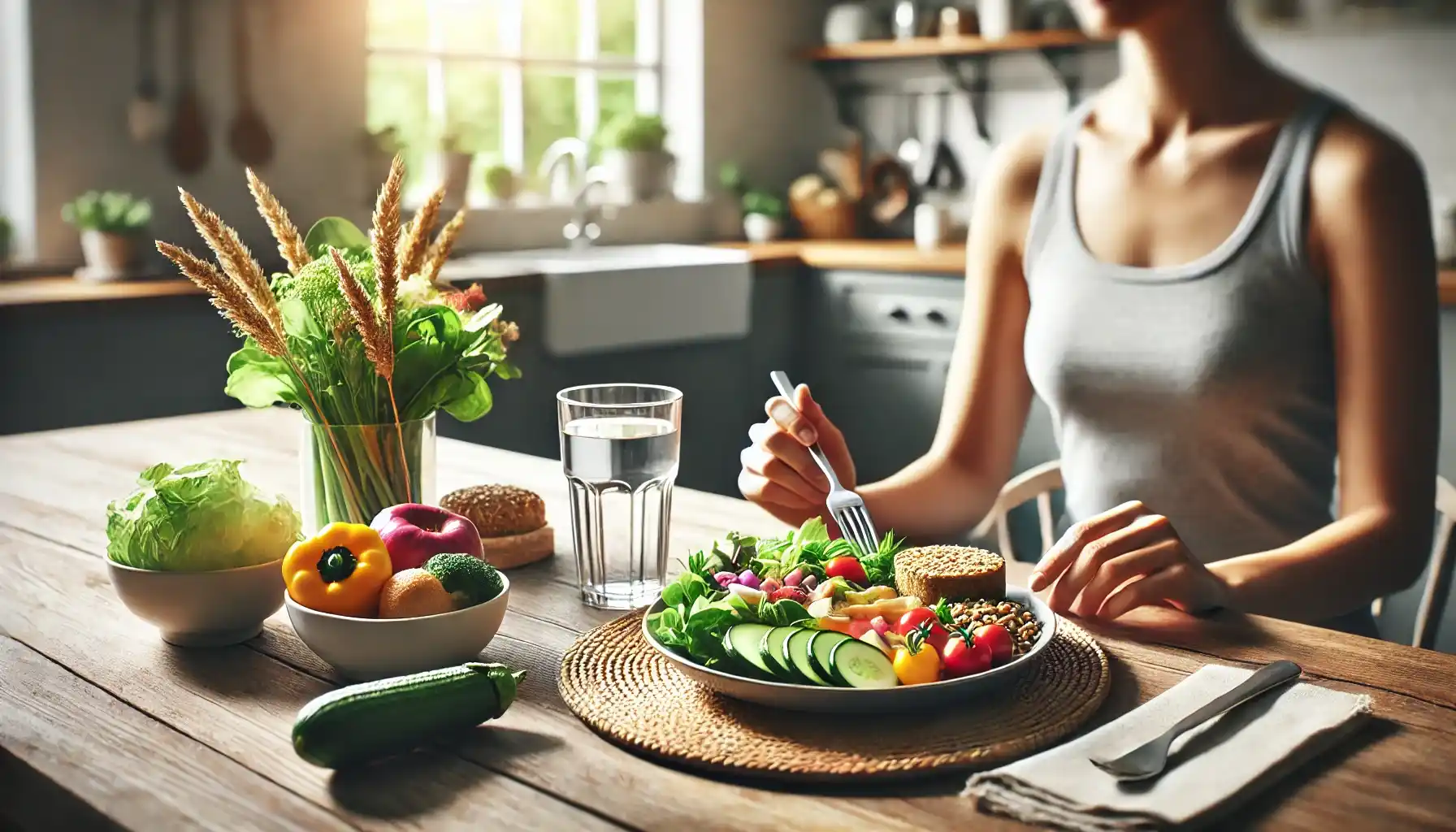 a person enjoying a nutritious, balanced meal with fresh vegetables, whole grains, and lean proteins, seated at a well-lit dining table with a glass of water. 