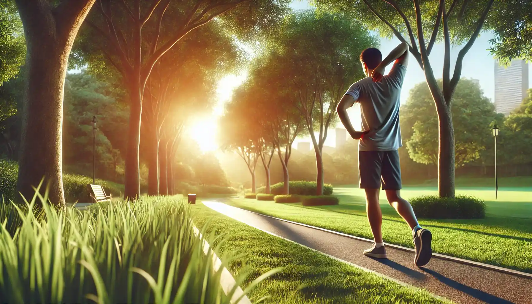 a person engaging in light exercise outdoors, such as stretching or jogging, in a serene park setting during golden hour.