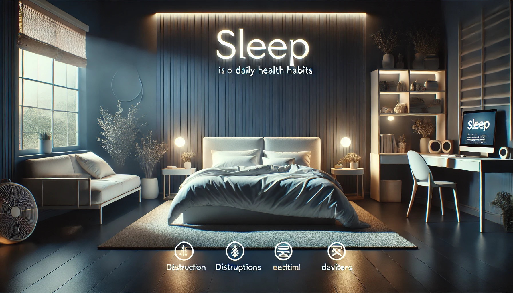 A serene bedroom designed to promote optimal sleep, reflecting a restful environment as part of daily health habits.