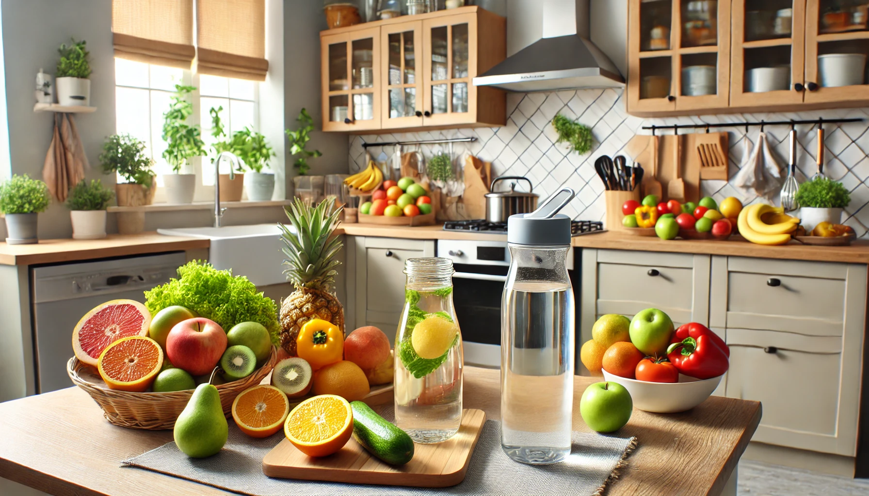 A kitchen setting promoting healthy eating habits with a focus on hydration.