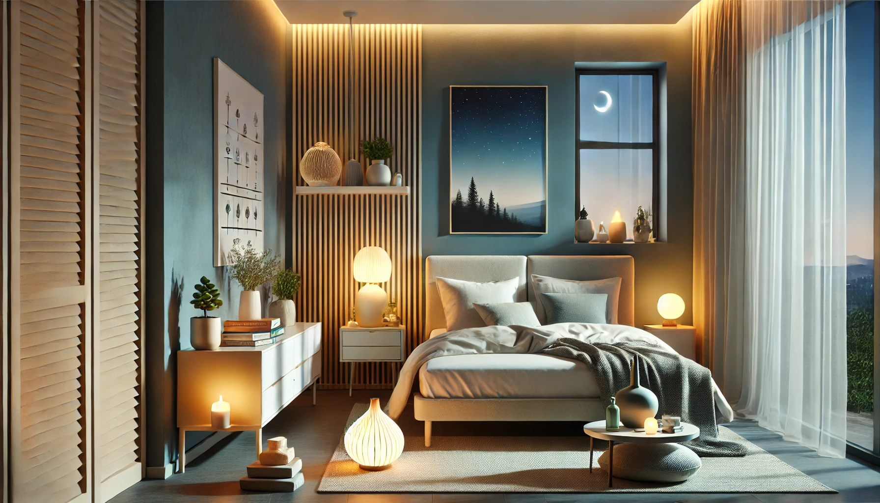 A serene bedroom designed to promote optimal sleep, featuring calming colors, minimalistic decor, and a peaceful atmosphere.