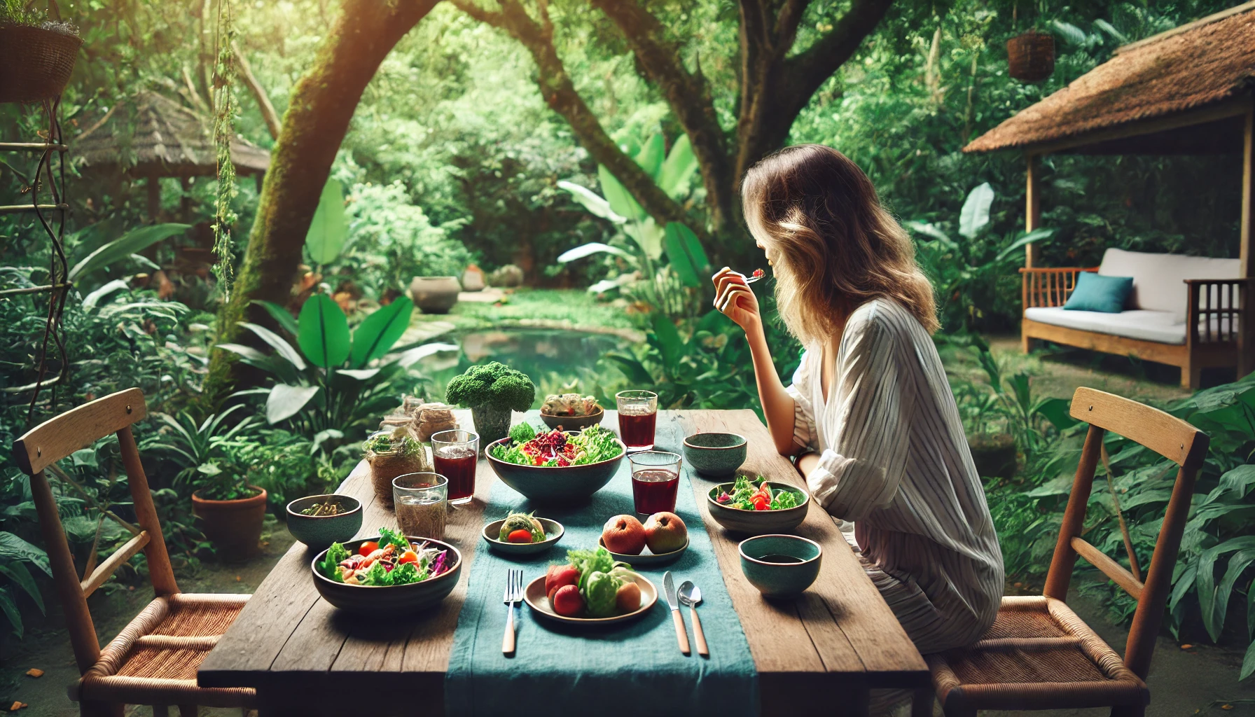 A peaceful outdoor dining setting focusing on mindful eating, featuring a person enjoying a meal alone in a tranquil garden.