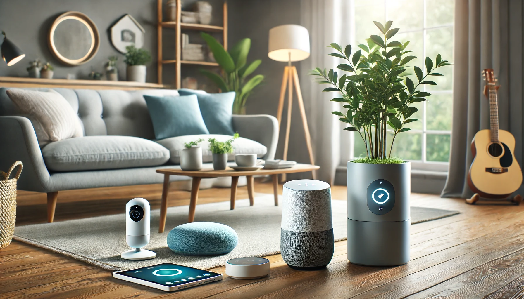 A serene living room with smart home devices, including a smart speaker and security camera, emphasizing a secure and connected environment for seniors.