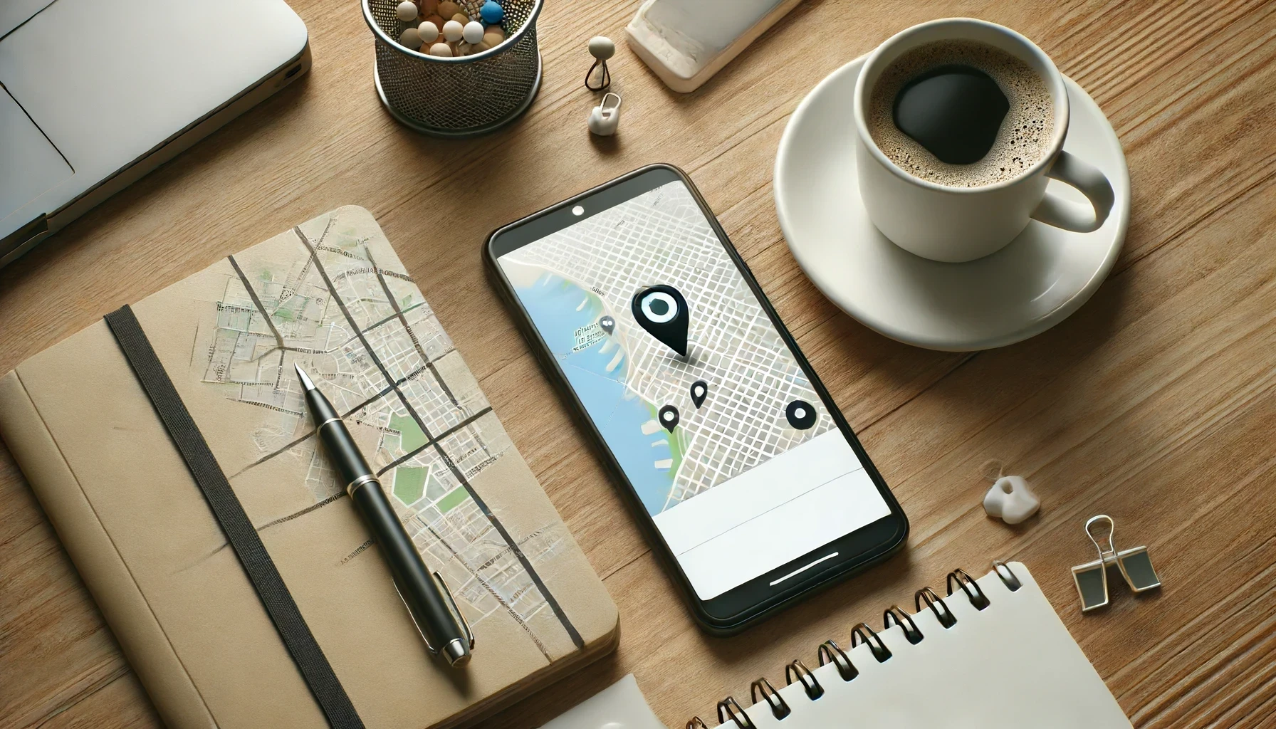 A clean desk with a smartphone displaying a location tracking app 