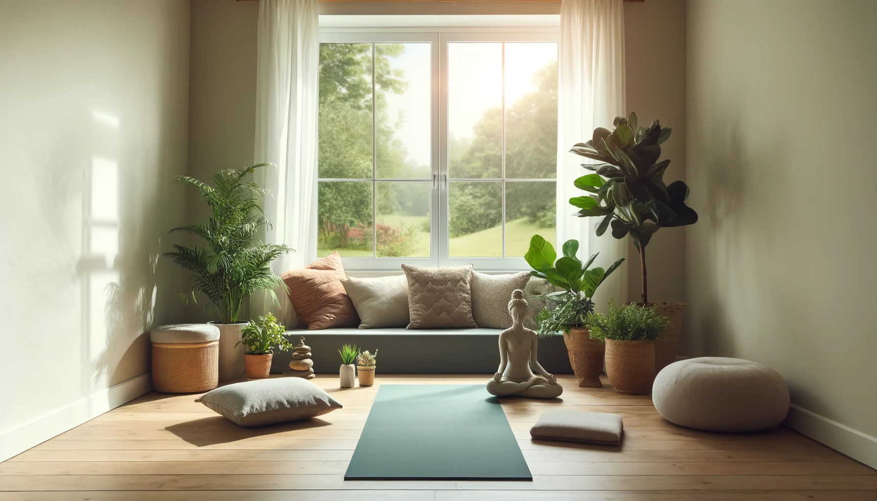 A peaceful home meditation corner with a yoga mat, cushions, and calming plants, creating an inviting space for mindfulness practice.