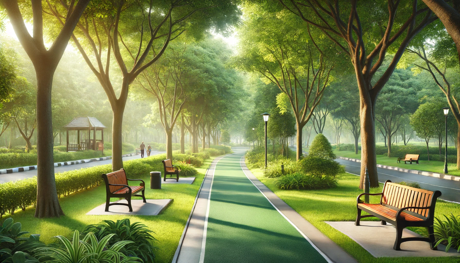 A serene park setting with well-maintained walking paths, lush green trees, and benches, promoting outdoor physical activity for seniors.