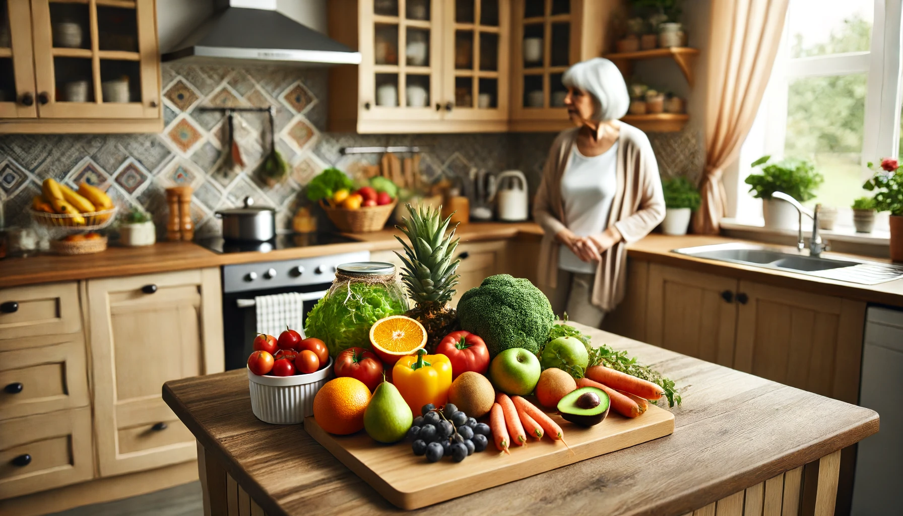 A cozy, well-lit kitchen with a variety of colorful, fresh fruits and vegetables arranged on a wooden countertop, highlighting a nutritious diet for seniors.