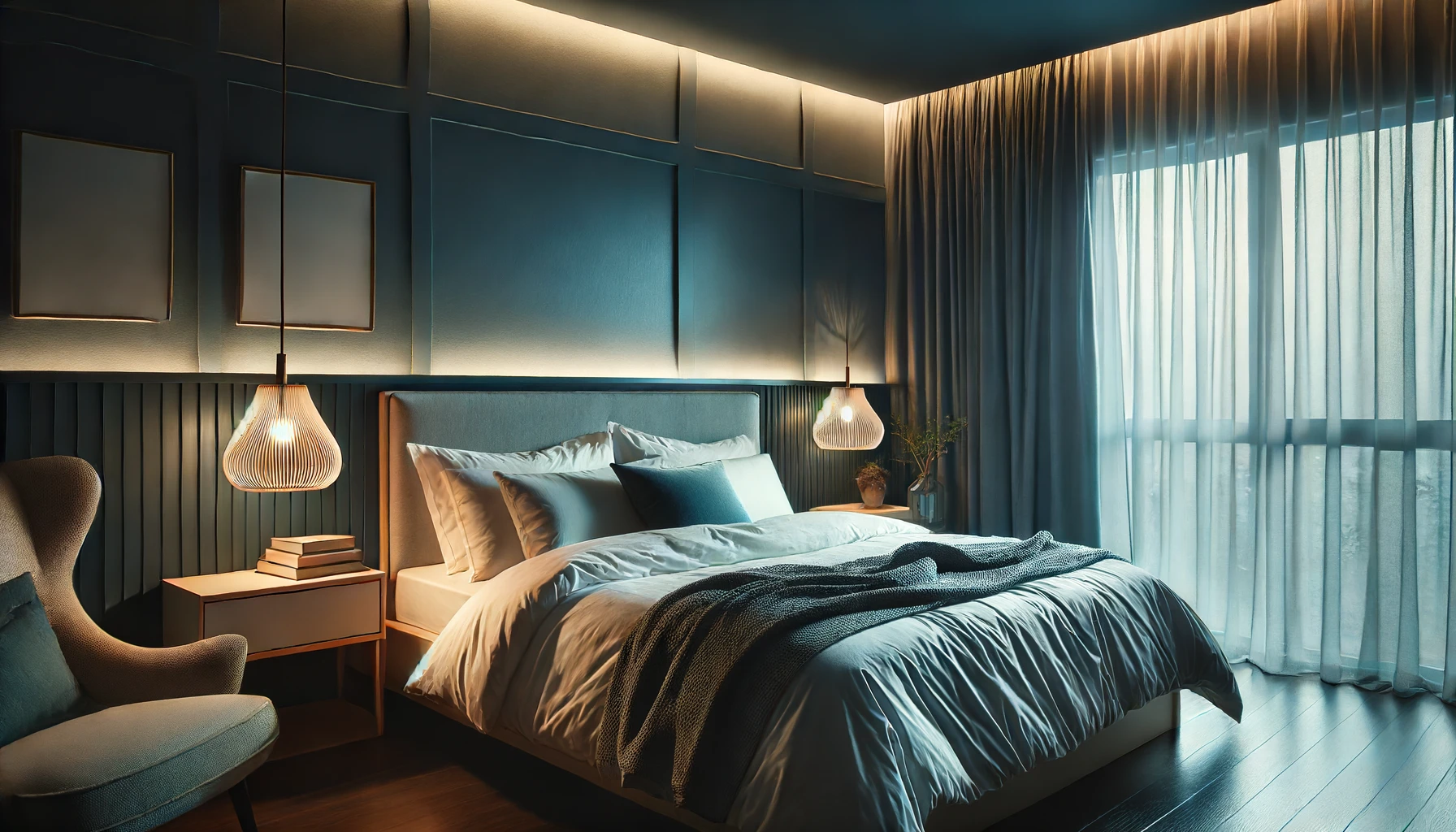 A serene bedroom with a comfortable bed, soft lighting, and calming decor. The room is designed to promote a restful night's sleep, with a cool, dark, and quiet environment.