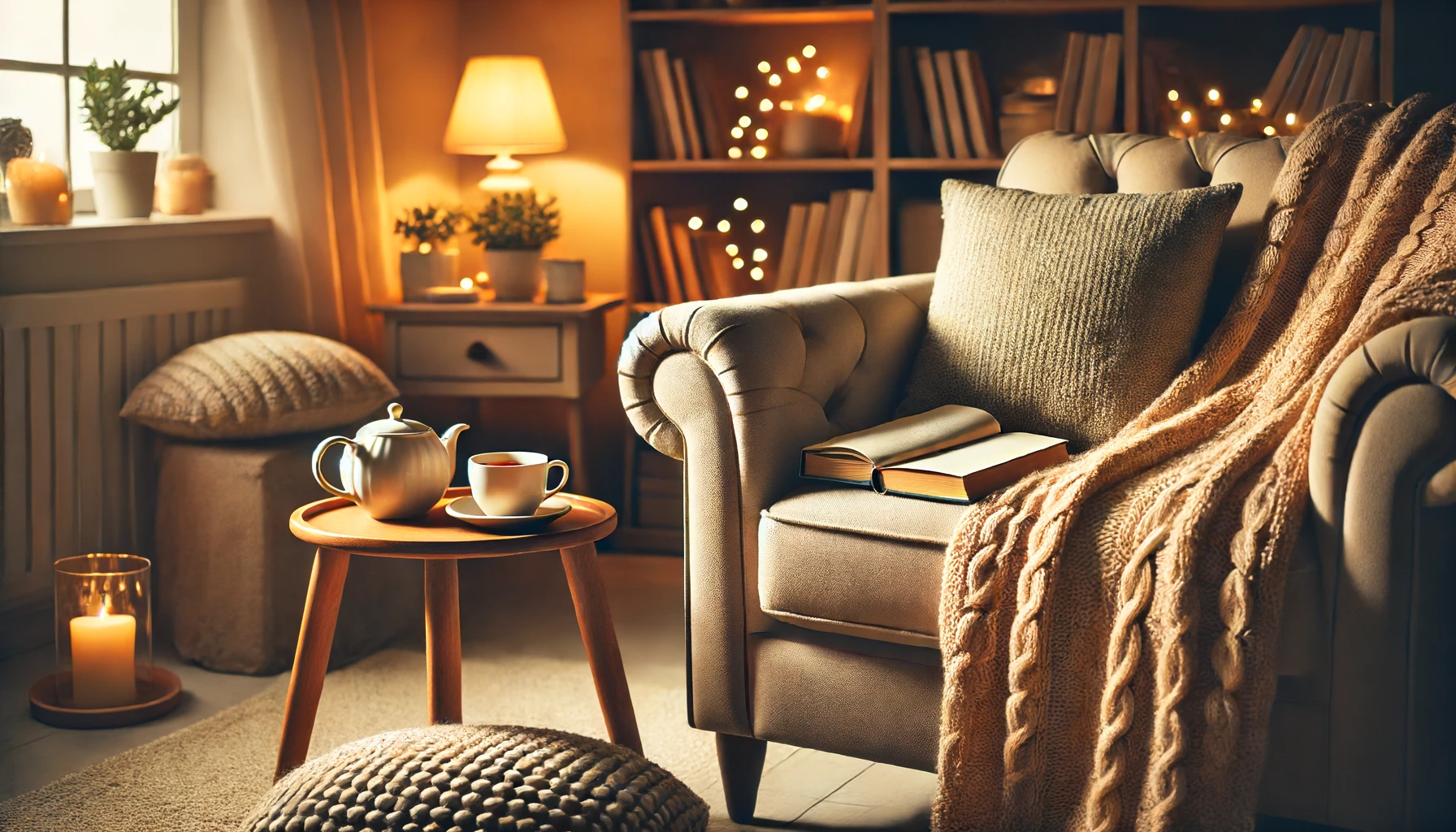 A cozy living room with a soft, comfortable chair, a small side table with a warm cup of tea, a book, and gentle lighting, creating a relaxing atmosphere perfect for unwinding before bed.