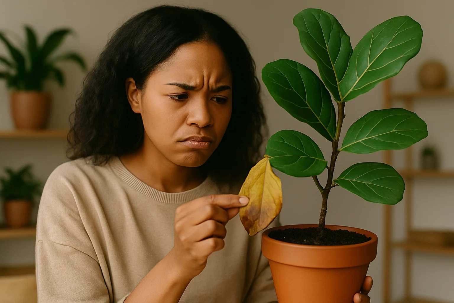 A woman examines a yellowing leaf on her plant, recognizing an early warning sign of stress or disease.