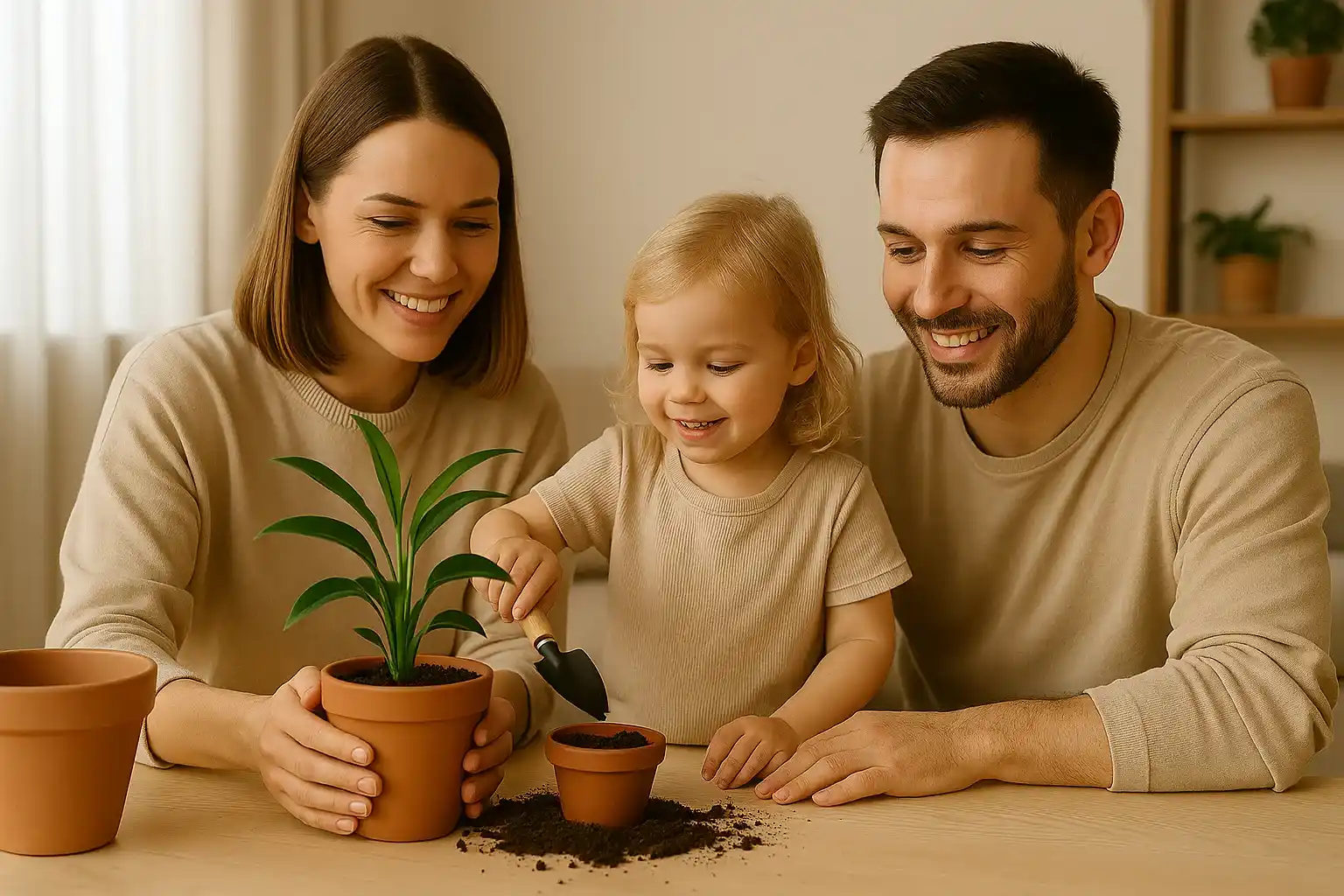 A young family happily reports a houseplant together, teaching their child the basics of plant care.