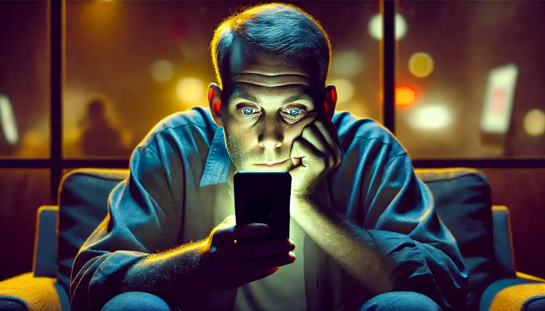 An exhausted person is sitting in a dimly lit room at night, slouched on a couch, endlessly scrolling through TikTok on their smartphone.