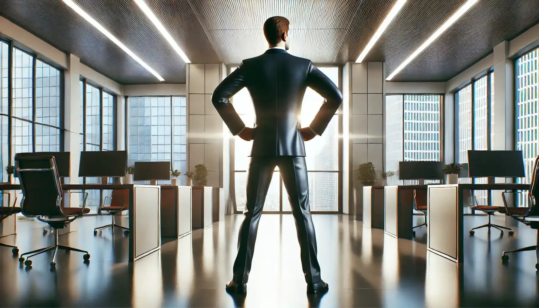 A person is practicing the “power pose” in a modern office space.