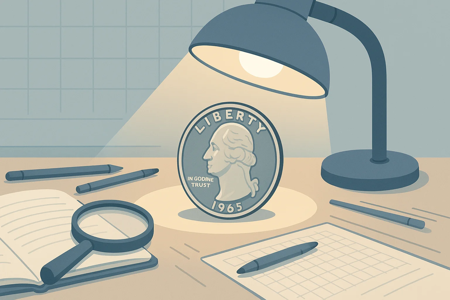 A 1965 quarter is examined under the lamp on the desk.