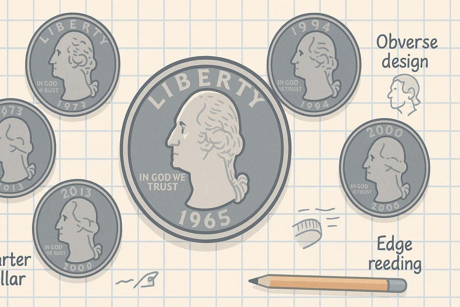 A note with many quarters with a 1965 issue highlighted among others.